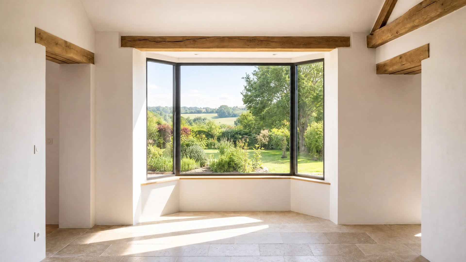 Intérieur lumineux et spacieux avec une nouvelle grande ouverture vitrée fraîchement créée, donnant sur un jardin ou paysage extérieur ensoleillé. Pièce propre et bien finie, avec murs en bon état, sol lisse, et une ambiance accueillante. La mise en avant est sur l'espace agrandi et la luminosité gagnée, incarnant la confiance et la transformation positive. Style photographique réaliste et professionnel, sans texte ni logo visible.