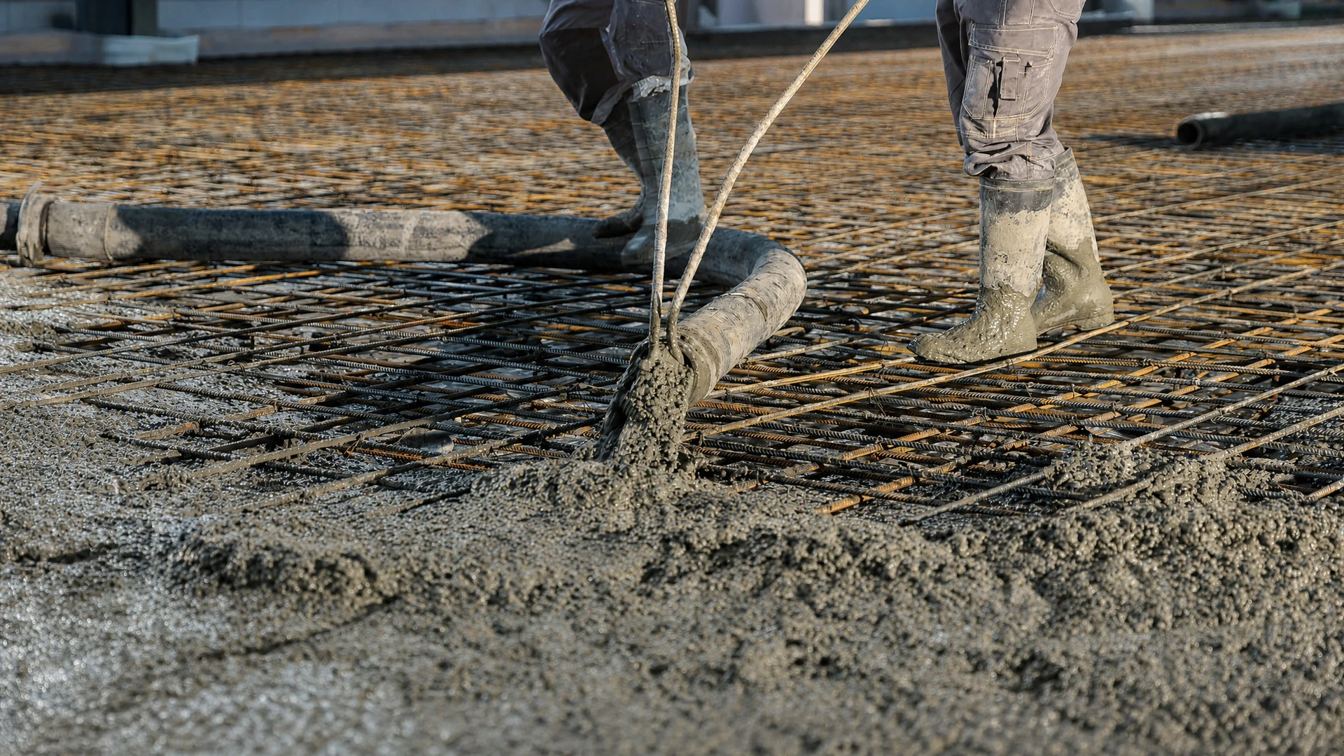Scène extérieure sur chantier de construction avec ouvrier utilisant une truelle pour étaler du mortier ou béton sur surface carrelée