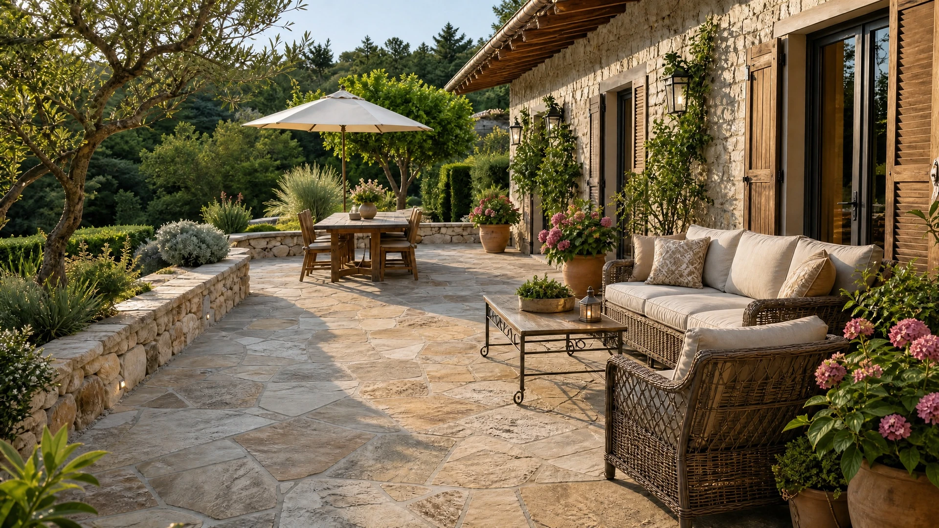 Terrasse extérieure en dalles de pierre naturelle avec salon de jardin en résine tressée anthracite comprenant deux fauteuils coques avec coussins blancs et table basse ronde